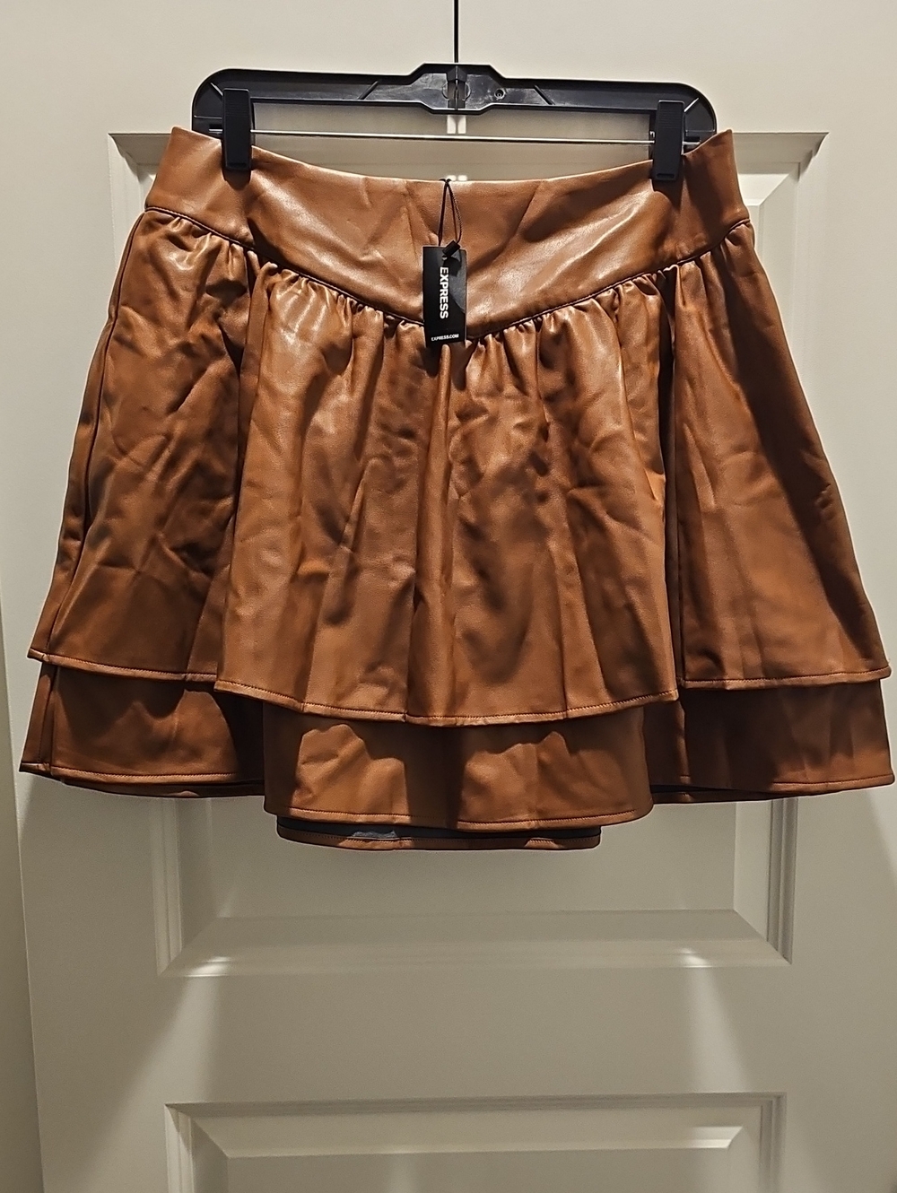 Express Faux Leather Tiered Skater Mini Skirt - Cognac Brown